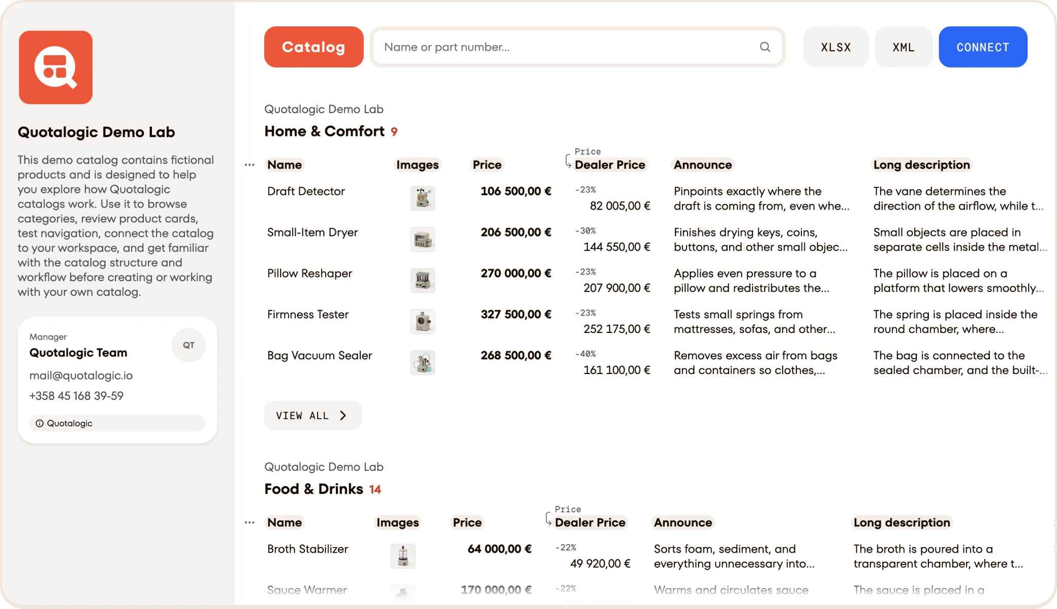 A supplier catalog in Quotalogic: products with prices, dealer prices and descriptions