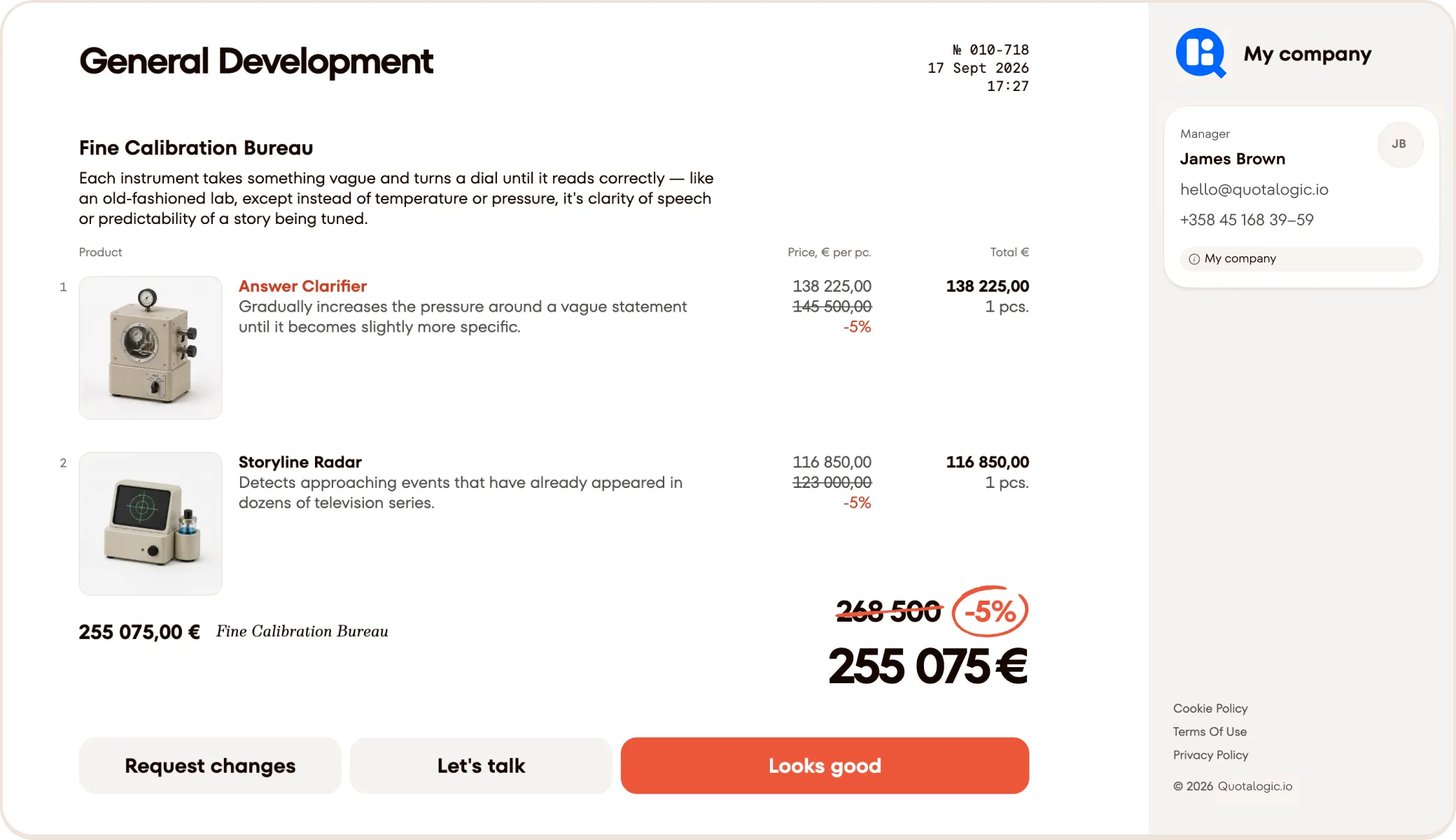 An offer in Quotalogic: two products with discounts and the total