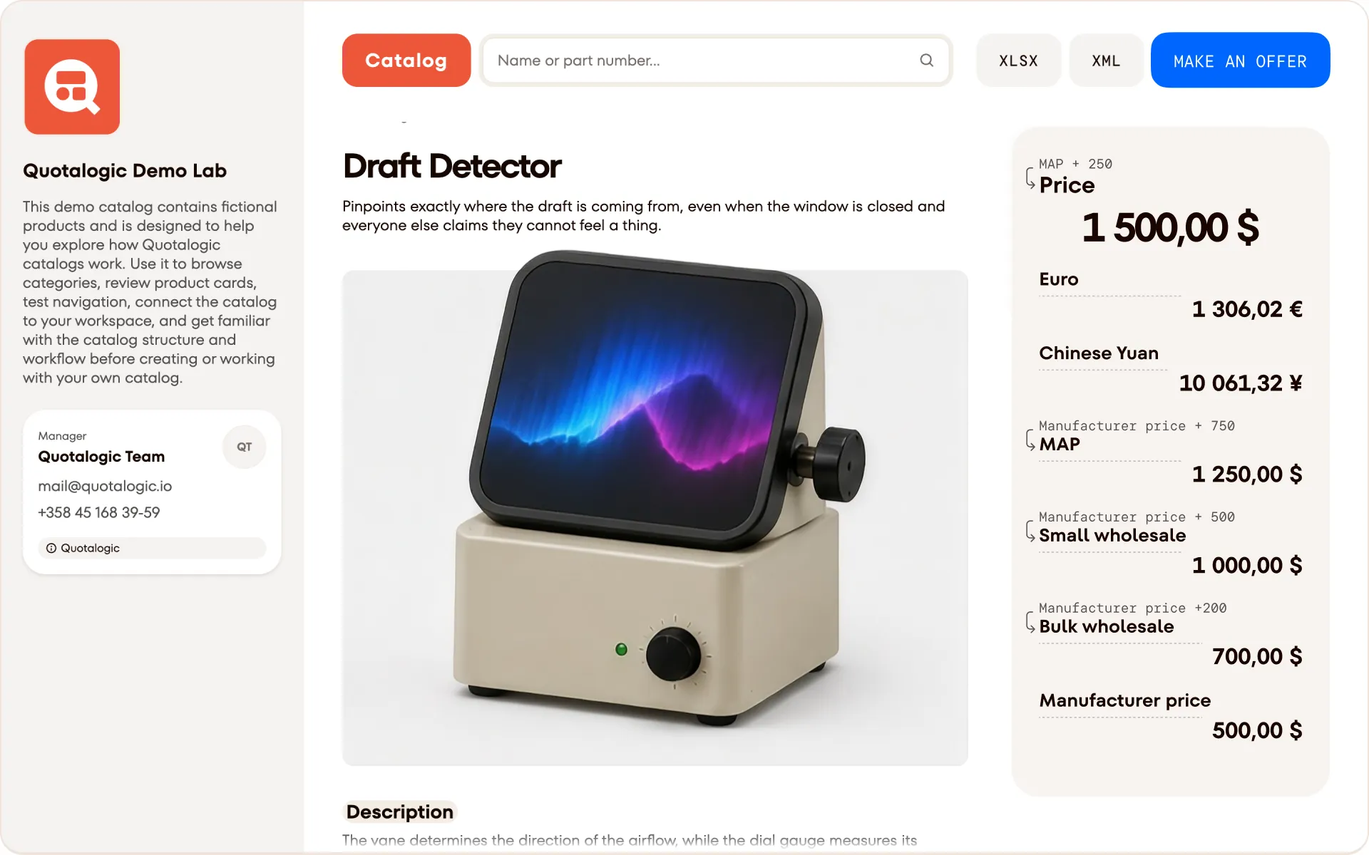 The same product in Quotalogic: a photo, a description and a price for every price level
