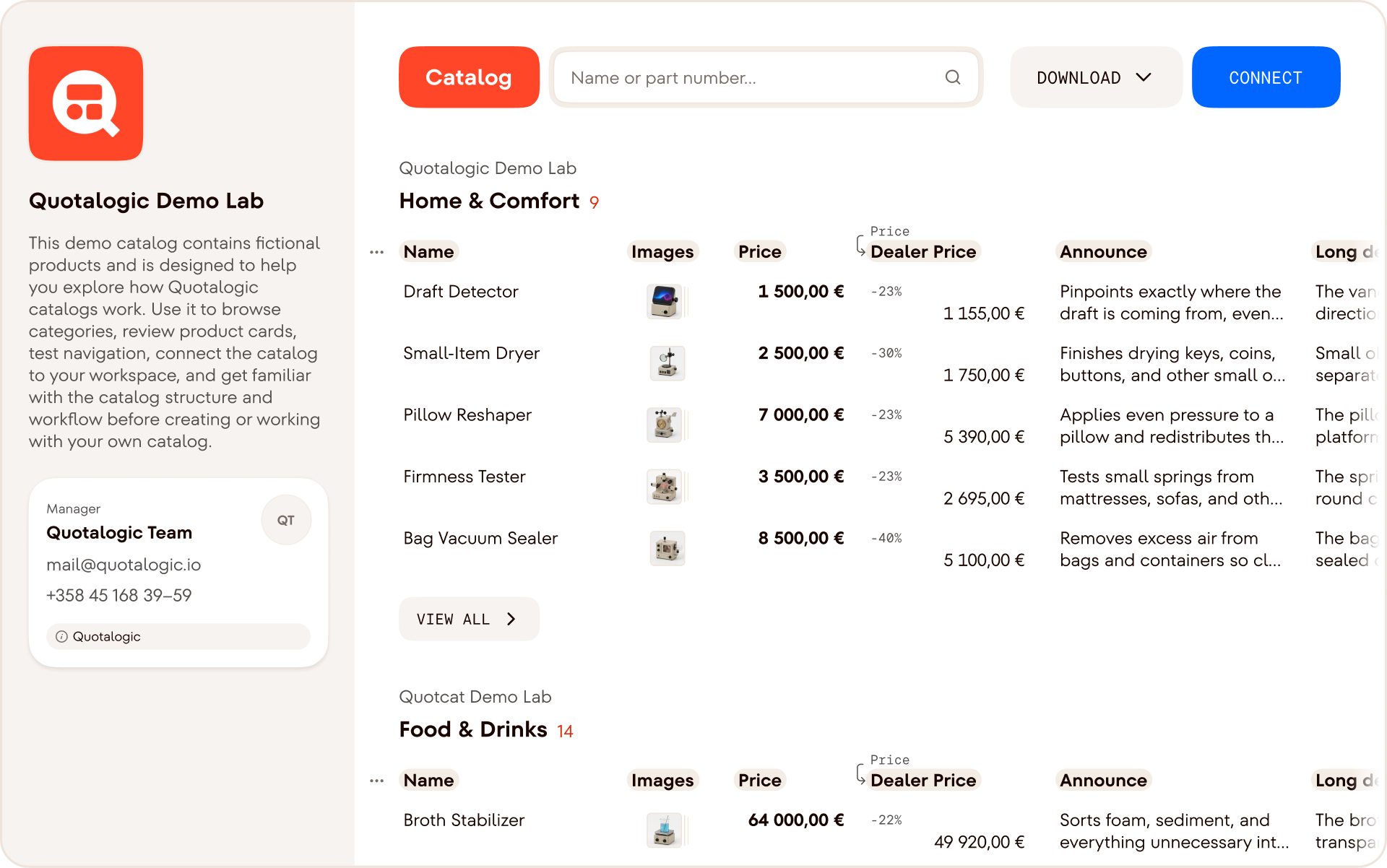 A supplier catalog with a Connect button