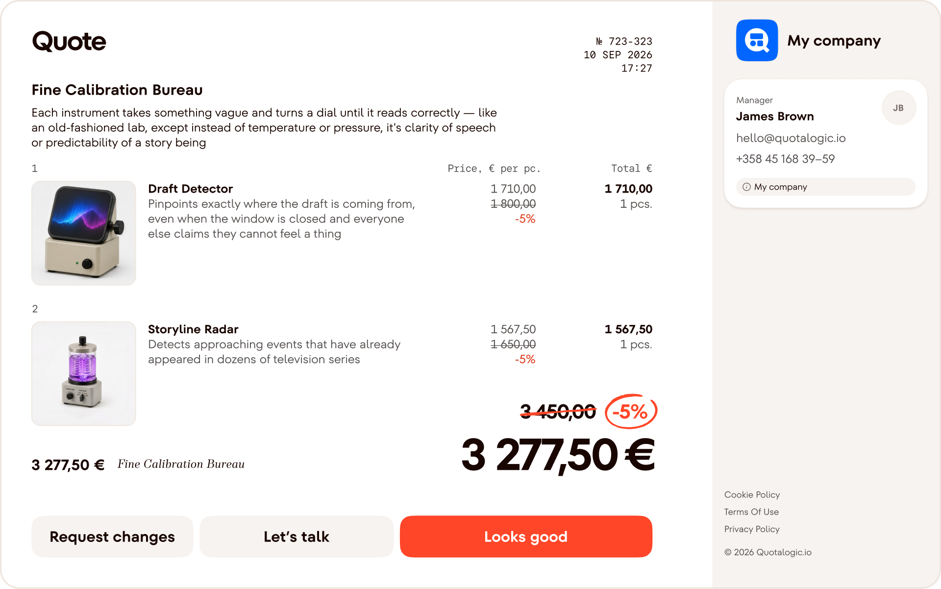 An offer for two products with Request changes, Let's talk and Looks good buttons