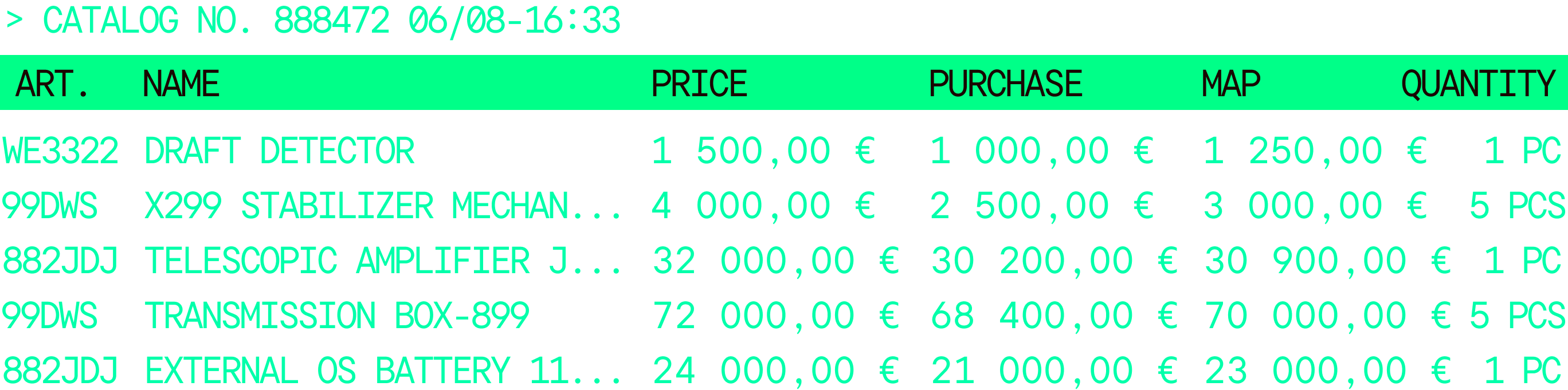 Catalog no. 888472, a price list file. WE3322 Draft Detector: price €1,500.00, purchase €1,000.00, MAP €1,250.00, 1 pc. 99DWS X299 Stabilizer Mech…: €4,000.00, €2,500.00, €3,000.00, 5 pcs. 882JDJ Telescopic Amplifier…: €32,000.00, €30,200.00, €30,900.00, 1 pc. 99DWS Transmission Box-899: €72,000.00, €68,400.00, €70,000.00, 5 pcs. 882JDJ External OS Battery…: €24,000.00, €21,000.00, €23,000.00, 1 pc.